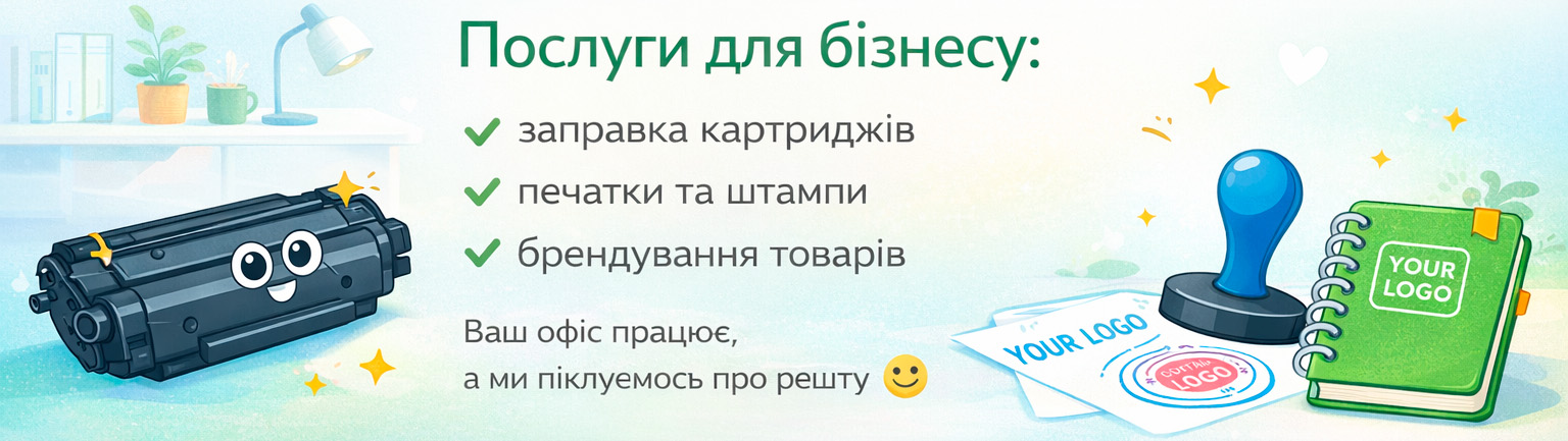 Послуги для бізнесу: заправка картриджів, печатки та штампи, брендування офісних матеріалів