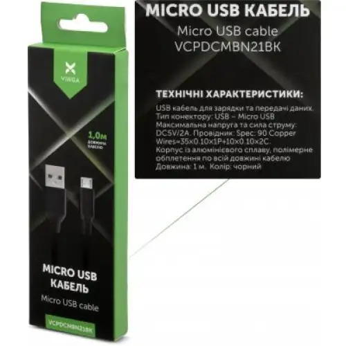 Дата кабель USB 2.0 AM to Micro 5P nylon 1m black Vinga (VCPDCMBN21BK), фото 2, 89 грн.